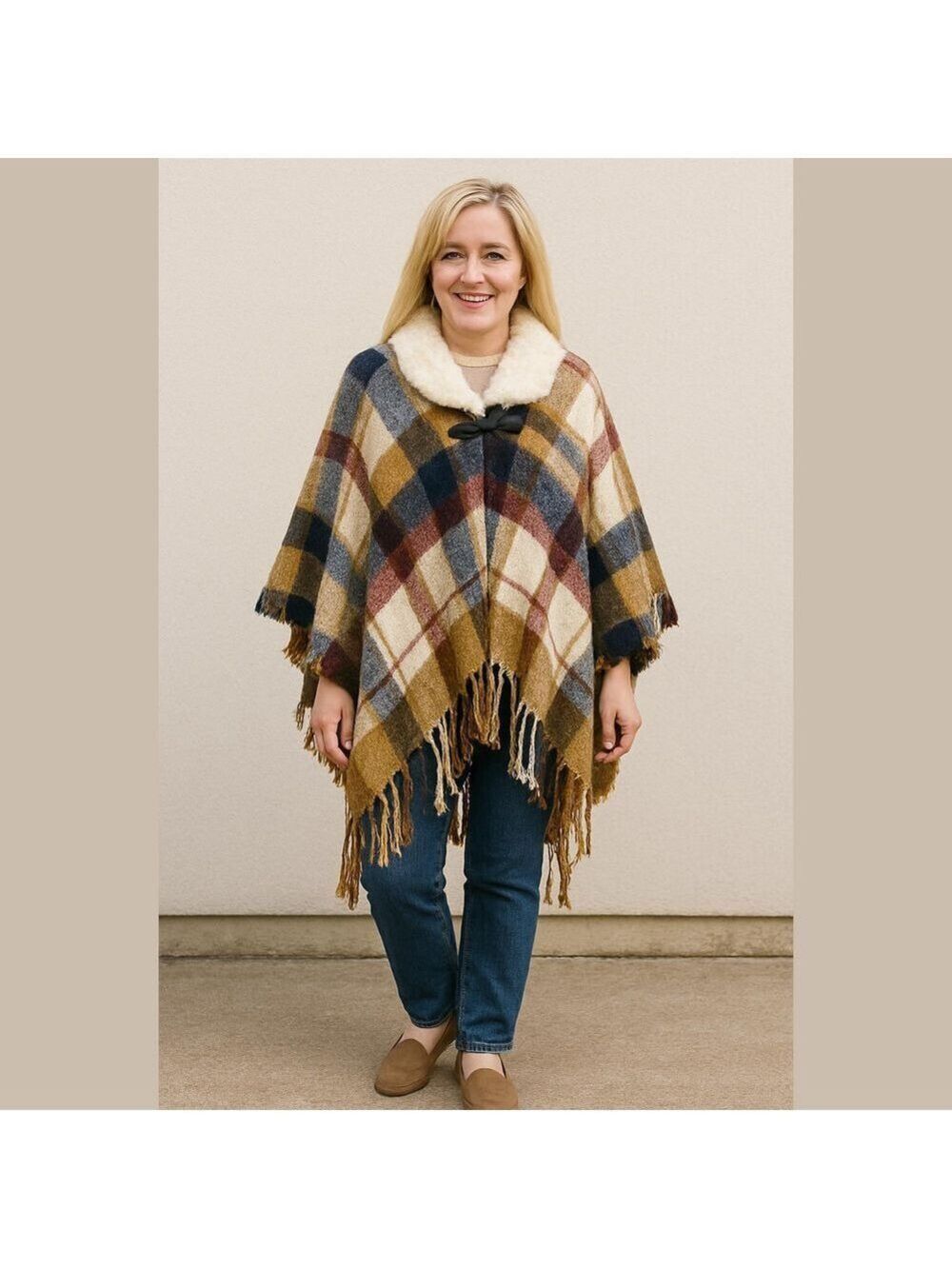 𝅺Cato Plaid Knit Poncho One Size